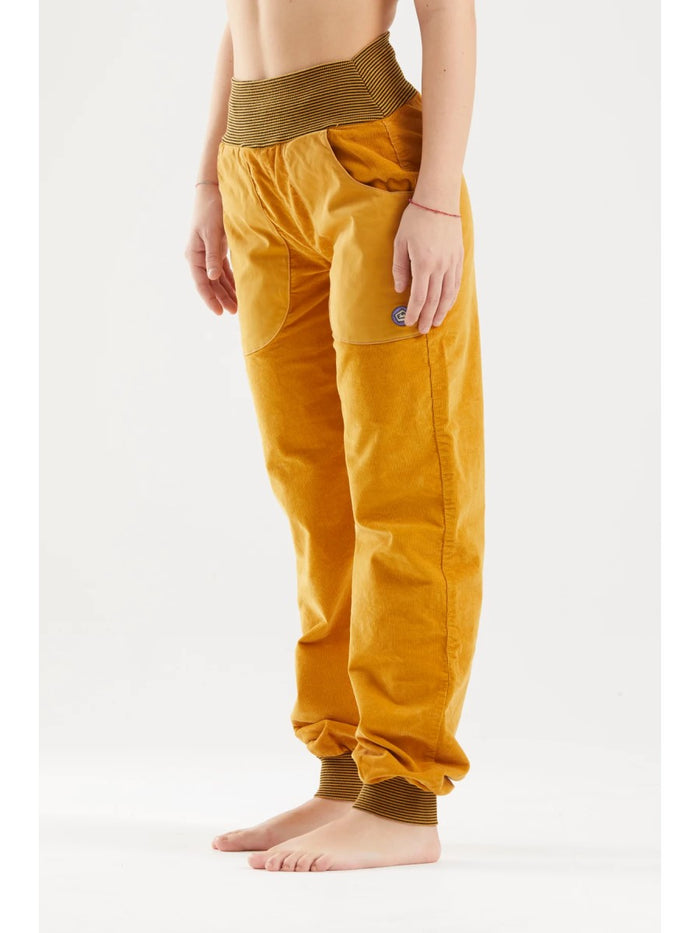 E9 Luppi Women's Climbing / Bouldering pants Curry - on model front angle view - The Climbing Shop