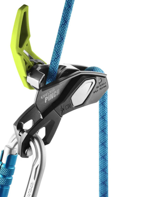 Edelrid Pinch 'grigri stlyle' assisted braking belay device - on carabiner - The Climbing Shop