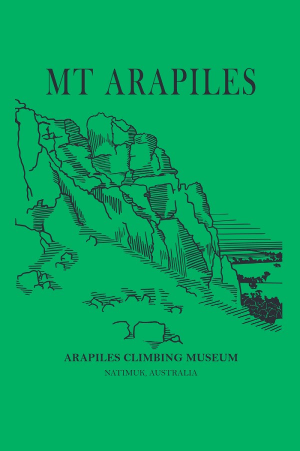 Arapiles limbing Museum Nuts About Climbing t-shirt back design close - irish green - The Climbing Shop