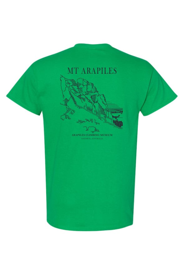 Arapiles limbing Museum Nuts About Climbing t-shirt back picture - irish green - The Climbing Shop