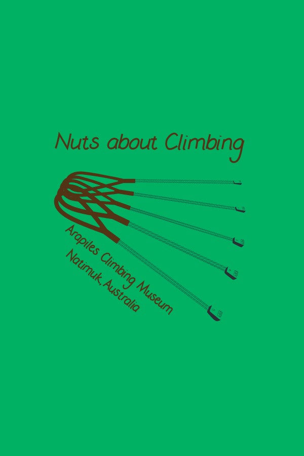 Arapiles limbing Museum Nuts About Climbing t-shirt front design - irish green - The Climbing Shop