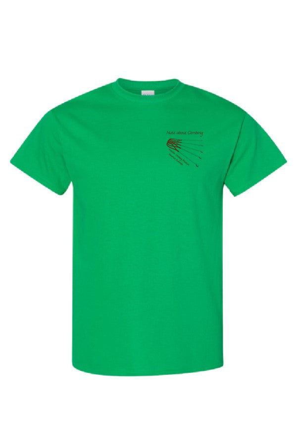 Arapiles limbing Museum Nuts About Climbing t-shirt front logo - irish green - The Climbing Shop