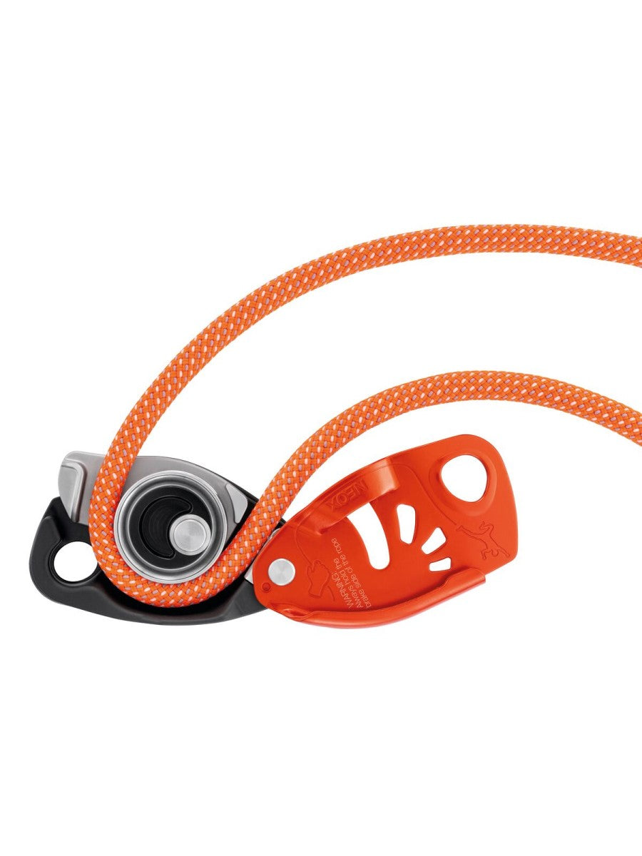 Petzl Neox Assisted Breaking Belay Device - open with rope insterted - The Climbing Shop