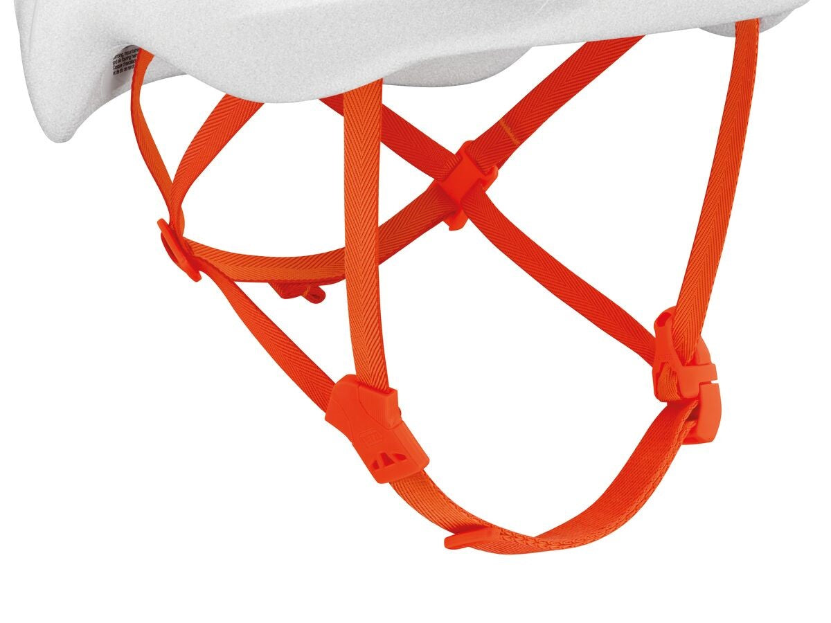 Petzl Sirocco white climbing | mountaineering helmet - close up of harness - The Climbing Shop